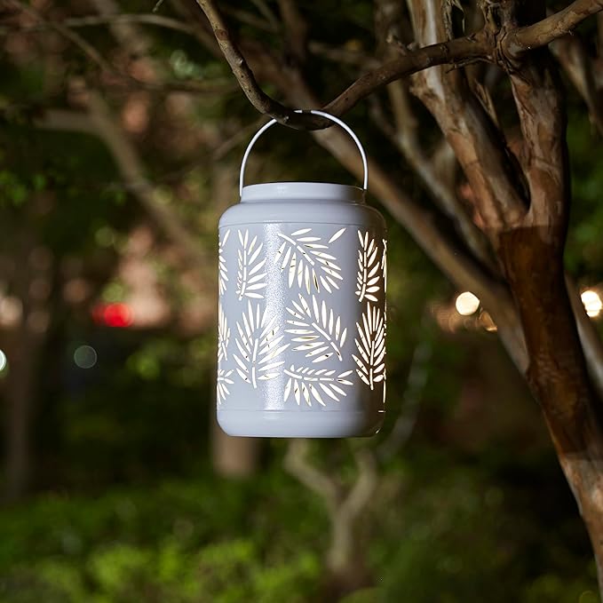 Glitzhome Solar Lantern White Metal Cutout Leaf Outdoor Hanging Solar Light with Handle for Garden Patio Yard Outdoor Decor