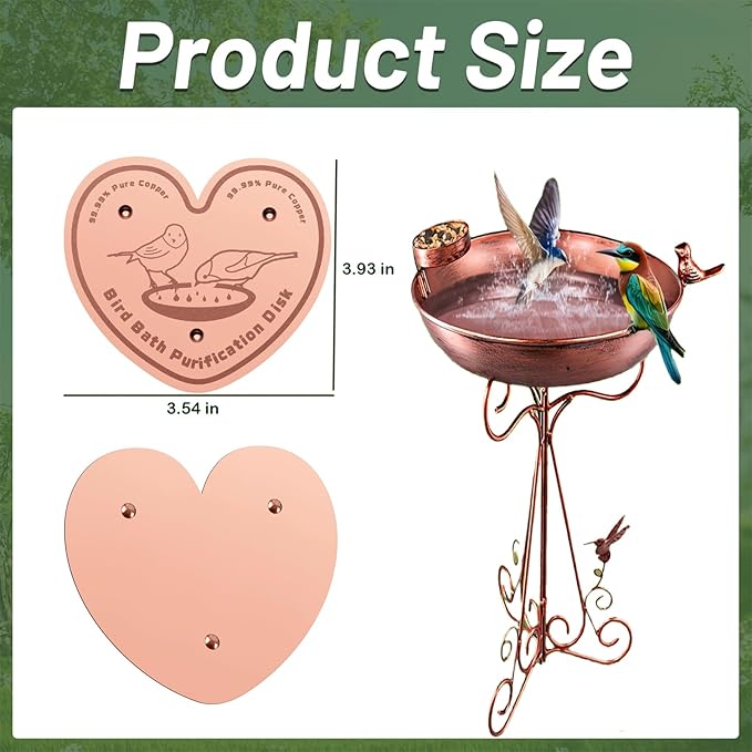 2-Pack 99.99% Pure Copper Bird Bath Purification Disk,Copper Disc with Stable Triple-Point Support,Fits All Outdoor Bird Baths(Heart-Shaped)
