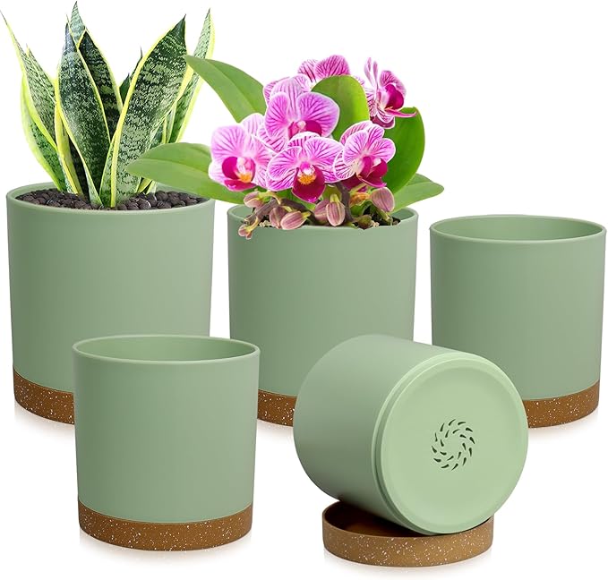 5 Pack Cylindrical Flower Pots with 7/6.5/6/5/4 inch, Modern Small Plastic Plant Pots with Drainage Holes & Saucers, Round Planter Pots for Outdoor, Indoor & Office Decor (Green Brown)