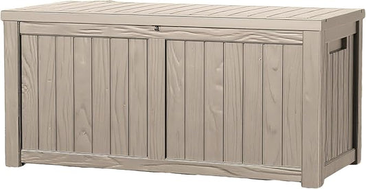 120 Outdoor Storage Box, Waterproof Resin Deck Box for Indoor & Outdoor Use, Lockable Storage Bench with Piston Hinge, Storage Bin for Patio Cushions, Garden Tools, Package Delivery, Grey