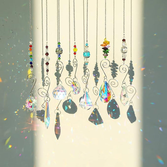 7PCS Crystal SunCatchers Hanging Sun Catcher with Colorful Beads Prism Chain Pendant Christmas Ornament, Window Home Wall Tree Cars Hanging Decoration