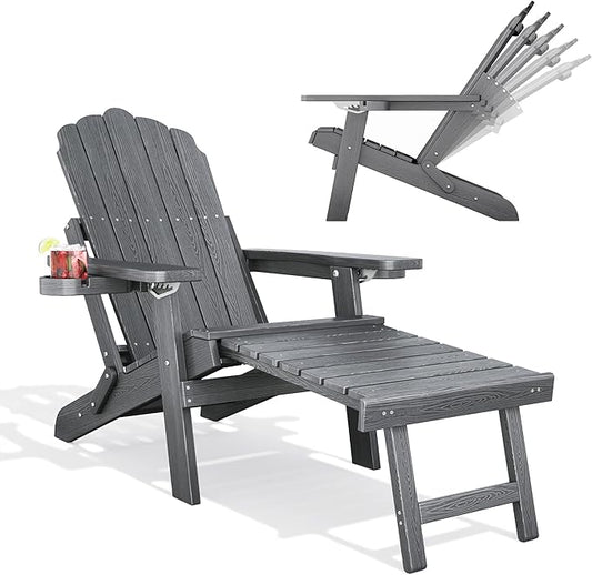 Adjustable Backrest Folding Adirondack Chair with Ottoman & 2 Cup Holders, HIPS Weather Resistant Adirondack Chair, Outdoor Fire Pit Chair for Beach, Pool, Deck, Porch, Yard, Lawn, Grey