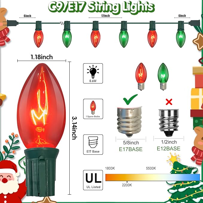 25ft Red and Green Outdoor Christmas Lights,C9 Vintage Christmas String Lights With 26 Red Green Bulbs(1 Spare),Waterproof Hanging Christmas Lights for Roofline Christmas Tree Backyard Decor
