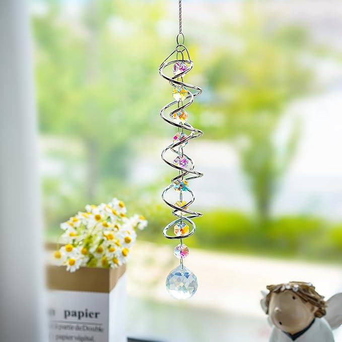 H&D HYALINE & DORA 17.7in Crystal Sun Catcher,Colorful Hanging Suncatcher with Octagonal Beads and Chain,Gazing Ball Spiral Tail,Rainbow Crystals for Indoor Outdoor Garden Decoration