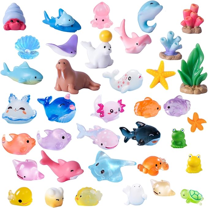 45 Pcs Mini Ocean Resin Animals Marine Miniature Animals Figurines Tiny Sea Animals Small Plastic Animals Micro Aquarium Ornaments Décor for DIY Fish Tank Fairy Garden Dollhouse Accessories