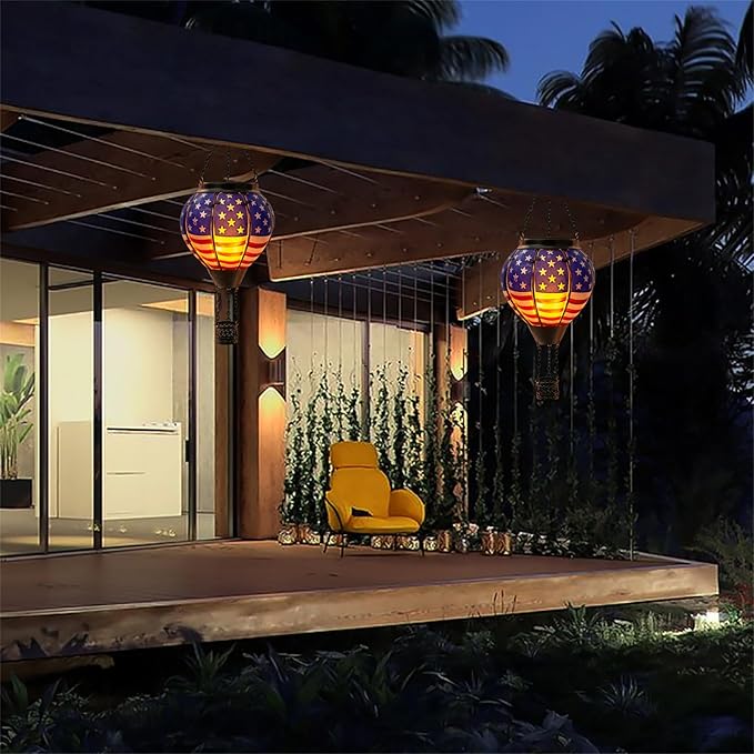 Hot Air Balloon Solar Lantern Outdoor - Flame Hanging Solar Light Waterproof Lanterns for Patio Garden Yard Farmhouse Decor, Great Gift(Flag)