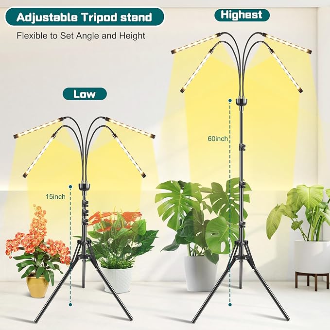 Grow Lights for Indoor Plants Full Spectrum with 15-63 inches Adjustable Tripod Stand Plant Light with 4/8/12H Timer with Remote Control