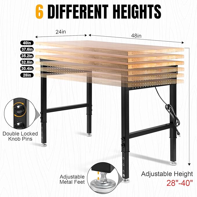 48" L×24”W Adjustable Workbench, 28”-40”Heights Heavy Duty Table 2000 LBS Load Capacity, Work Bench with Power Outlet & Pegboard, Rubber Wood Work Table for Garage, Office, Workshop, Home