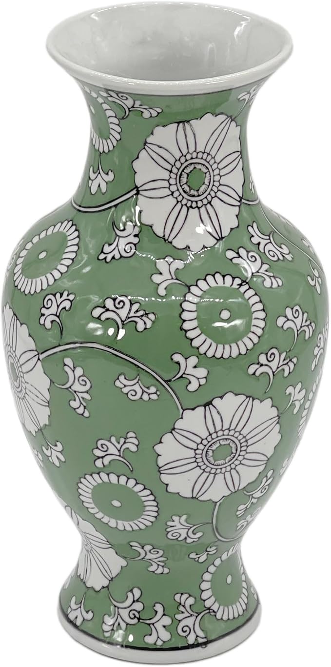 Galt International Floral Chinoiserie Ceramic Vase 14" - Hand Painted Antique Style Porcelain Flower Bottle Fishtail Porcelain Chinese Vase for Home Decor Centerpiece