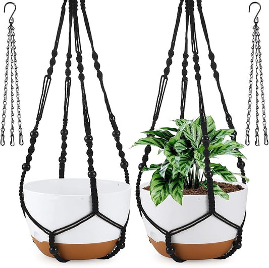 10 Inch Hanging Planter, 2 Pack Hanging Plant Self Watering Pot with Drainage Holes & Saucers, Hanging Baskets Flower Pots with Black Macrame Rope Hangers for Garden Home -White