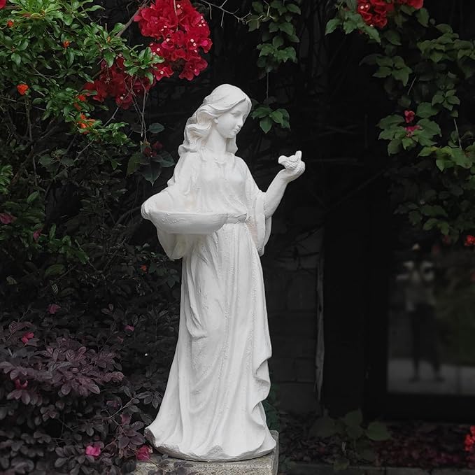 Garden Outdoor Nymph Statue Girl Maid Statue 40 Inch with Birdbath Bird Bath Bowl Magnesium Oxide Sculpture Patio Yard Lawn Decor Ivory
