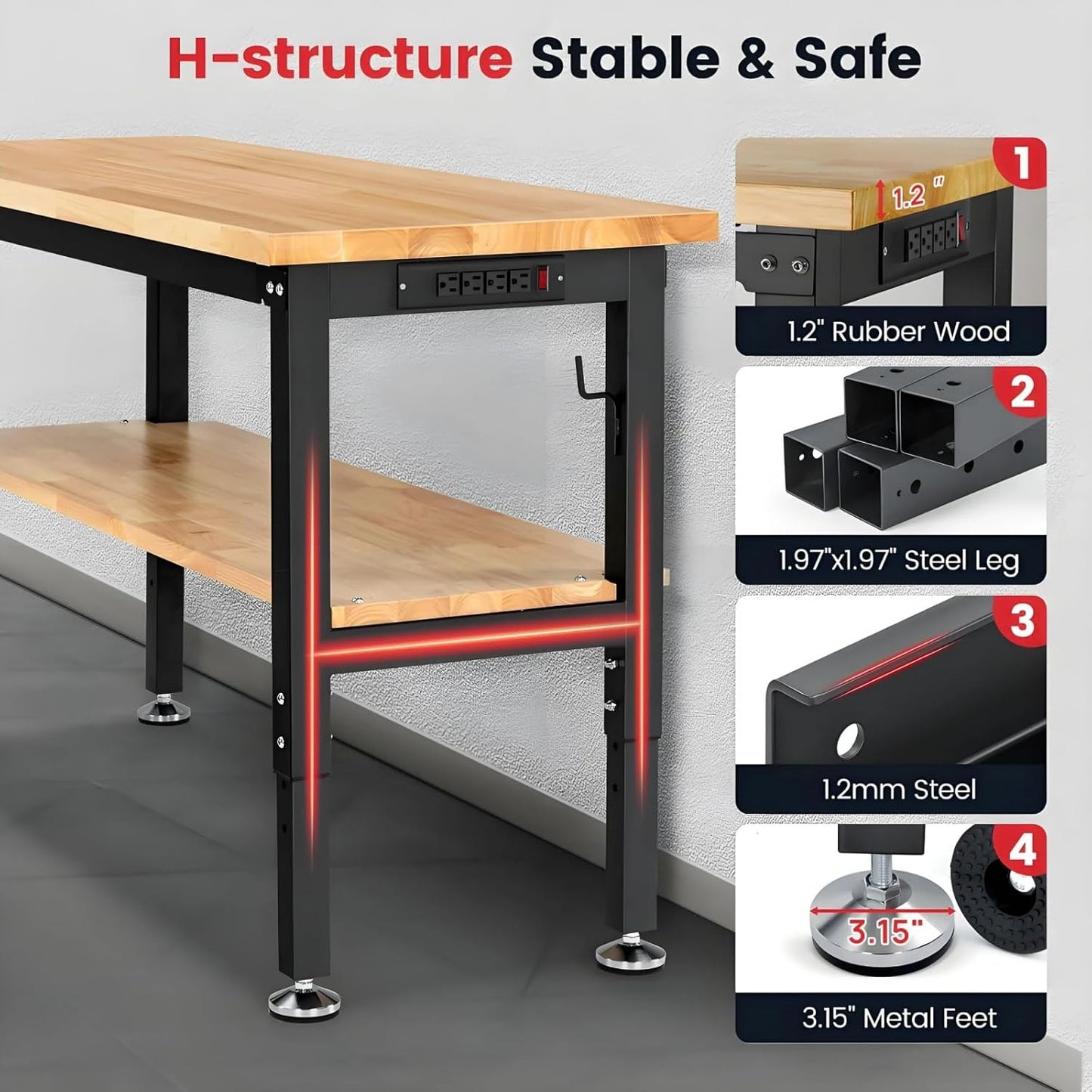 60 Inch Work Bench for Garage Adjustable Height Workbenches with Under Table Shelf Pegboard Pad Power Outlets Work Table for Woodworking, Home, Office, Workshop