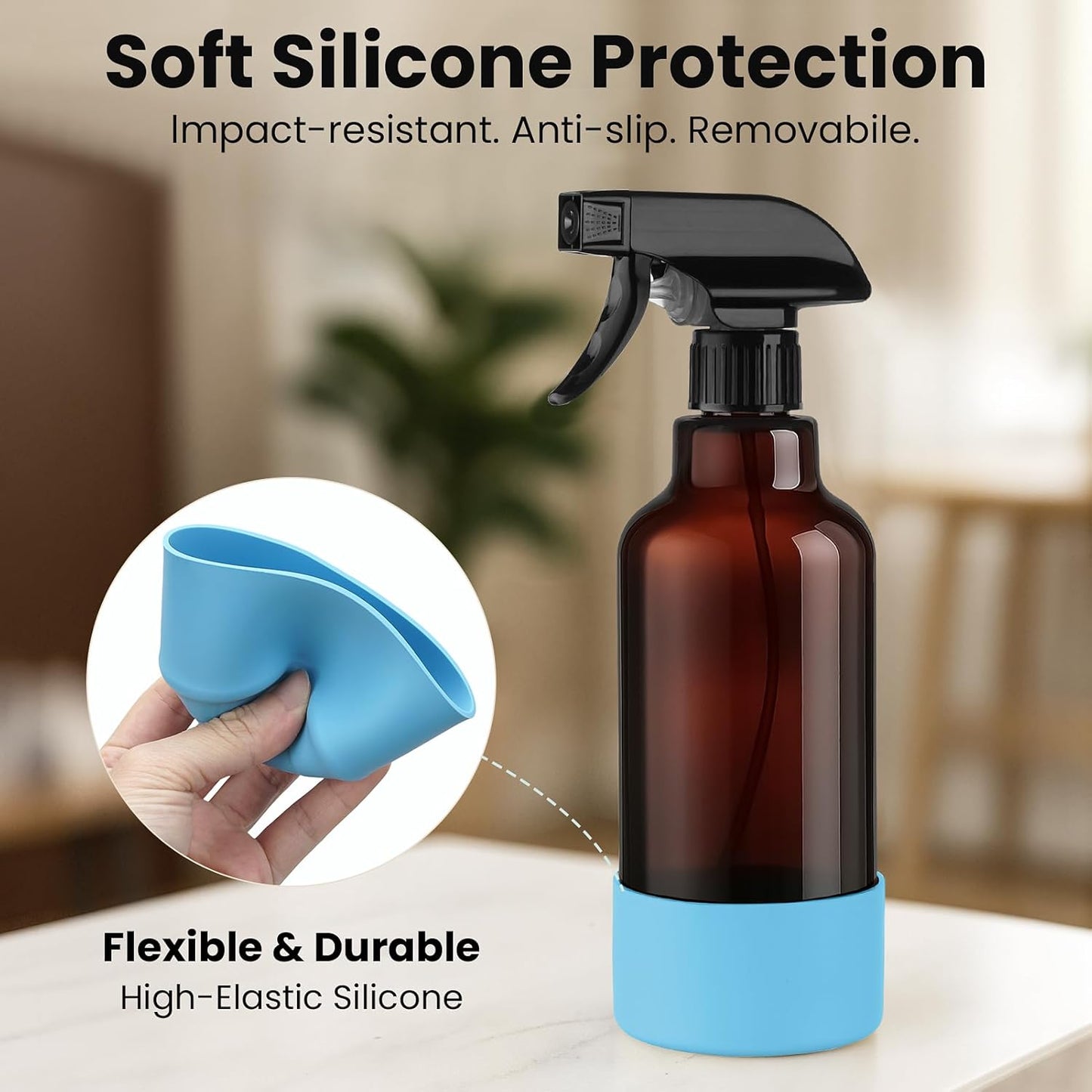 Glass Spray Bottles with Silicone Sleeve 16.9oz 2 Pack Empty Spray Bottle for Hair Mist/Stream Spraying for Cleaning Solutions, Plants, Essential Oils (Brown-sblue&black)