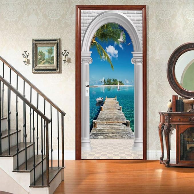 3D Door Wallpaper Self-Adhesive Door Sticker Landscape Door Poster Premium PVC Waterproof Wall Sticker for Bedroom Living Room Door Decoration Wallpaper 77 x 200 cm