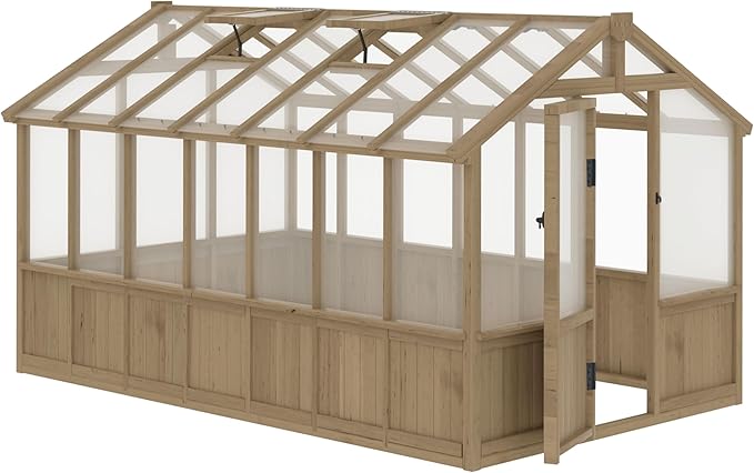 8x14 FT Outdoor Greenhouse Kit, 6MM Thick Polycarbonate Panel Wooden Walk-in Green House with Adjustable Roof Vents & Roof Vents, Backyard Garden, Light Mocha Brown