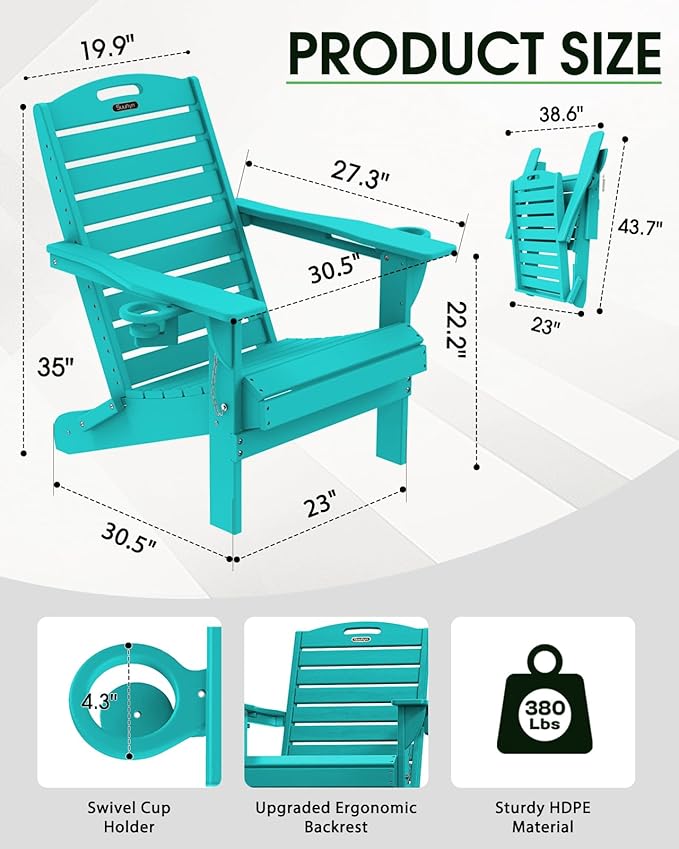 Adirondack Chairs Set of 2, Outdoor Fire Pit Chairs, HDPE All-Weather Adirondack Chairs with Cup Holder, Lawn Chair for Deck, Patio, Garden (Lakeblue)