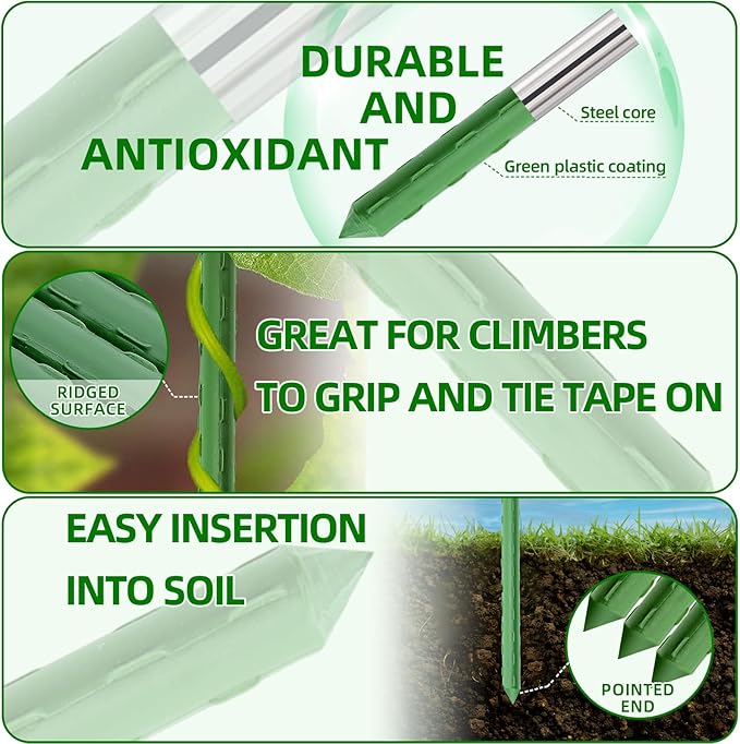 Garden Stakes 16 Inch 30 Pack, Diy 4ft 5ft 6ft 7ft 8ft Tomato Stakes Plastic Coated Metal Plant Sticks Stakes Supports with 20 Connectors 15 Rotatable Clips for Indoor Outdoor Plants Vegetable