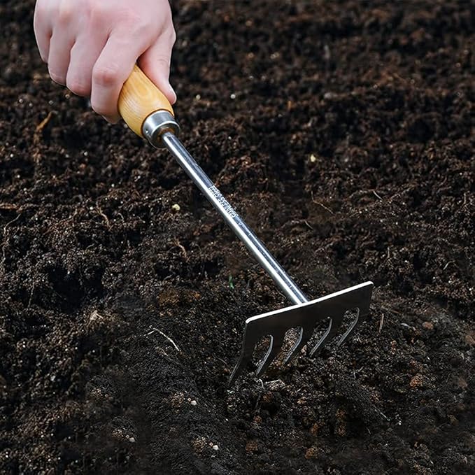 Gardtech Garden Tool Set, 5 Pcs Gardening Tool Set with Weeder Puller, Dibber, Transplanter, Big Trowel, 5-Claw Cultivator - Wooden Handle Heavy Duty Stainless Steel Gardening Hand Tools