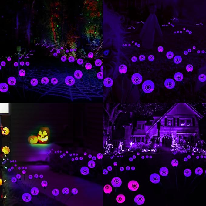 2 Packs 12 LED Scary Eyeball Lights - Purple, Swaying Firefly Lights - Waterproof Solar Halloween Decor for Outdoor/Yard/Garden/Lawn/Party