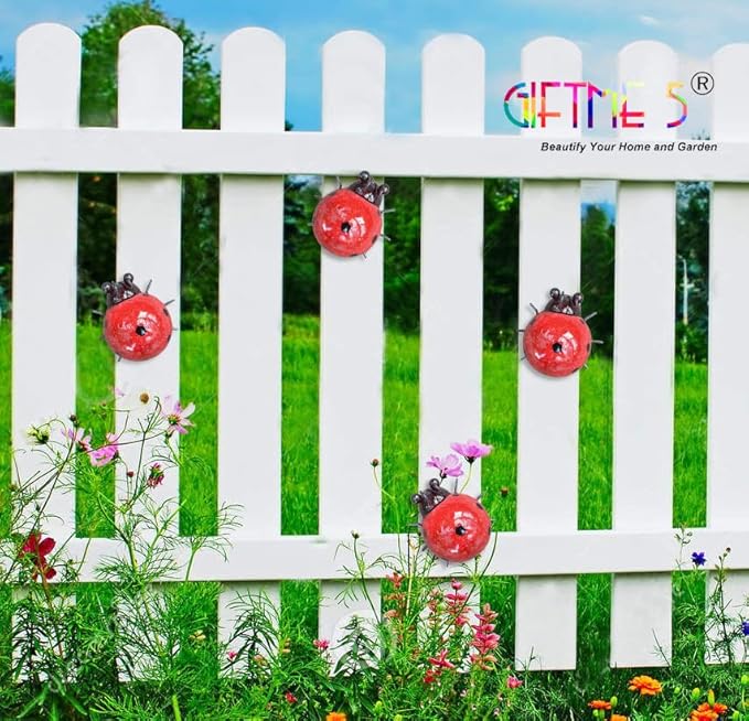 GIFTME 5 Metal Garden Yard Art Decorative 4 Pack Ladybugs Outside Garden Wall Sculptures(RED)