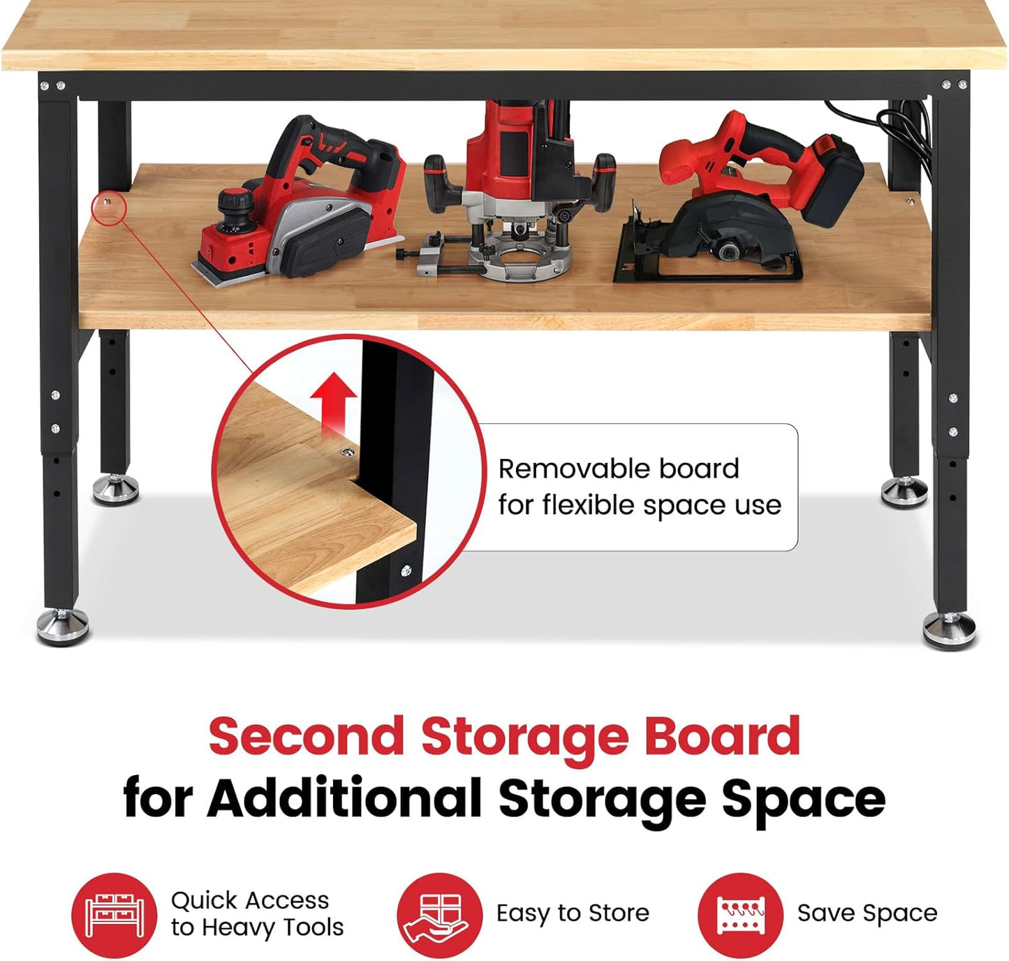 Adjustable Height Work Bench 60x 22 Workbench for Garage Work Table with Under Table Shelf for Shop Woodworking, Heavy Duty Rubber Wood Top for Office, Home, Commercial