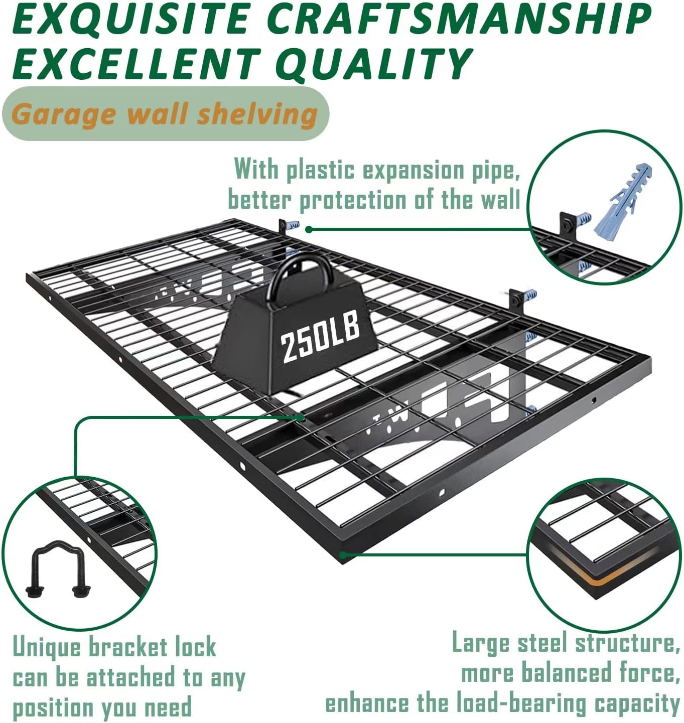 1 Pack Garage Wall Shelving, Heavy Duty 1.5' x 3.8' Wall Mount Storage Shelf with Hooks, Garage Storage Rack Floating Shelves, Holds 250 lbs Each