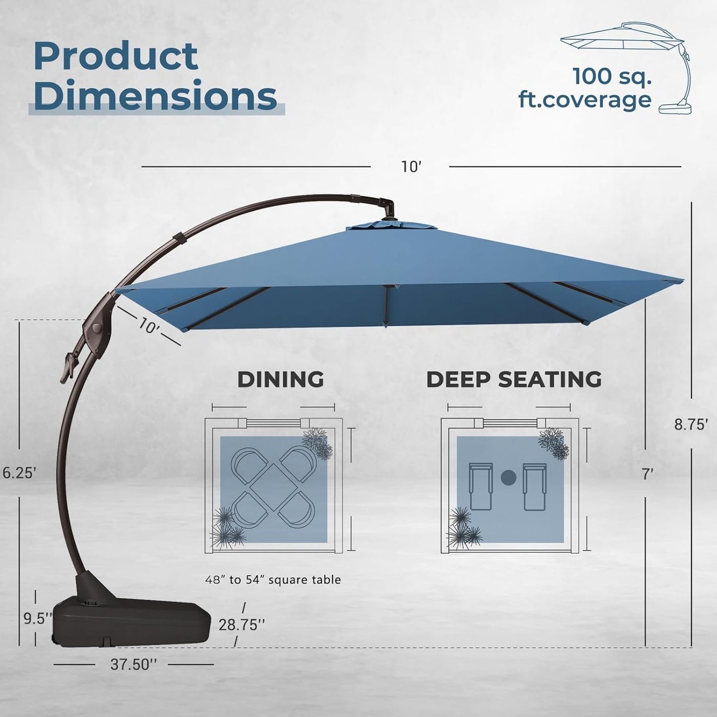 Grand patio Sunbrella 10x10 FT Cantilever Umbrella with Base Included Patio Square Aluminum Offset Umbrellas for Outdoor Pool (Sapphire Blue, 10X10 FT-SUNBRELLA)