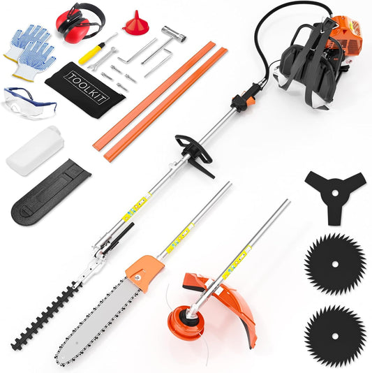 6 in 1 52cc Brush Weed Cutter Petrol Hedge Trimmer Grass Pruner Chainsaw Trimmer with Four Mowing Heads for Gardening Care