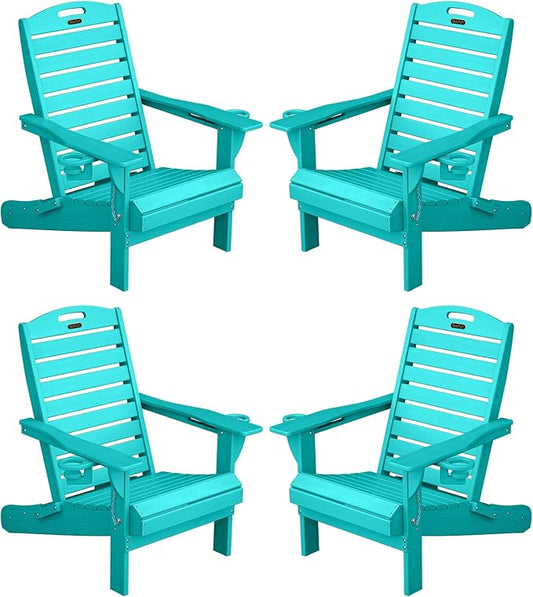 Adirondack Chairs Set of 4, Outdoor Fire Pit Chairs, HDPE All-Weather Adirondack Chairs with Cup Holder, Lawn Chair for Deck, Patio, Garden (Lakeblue)