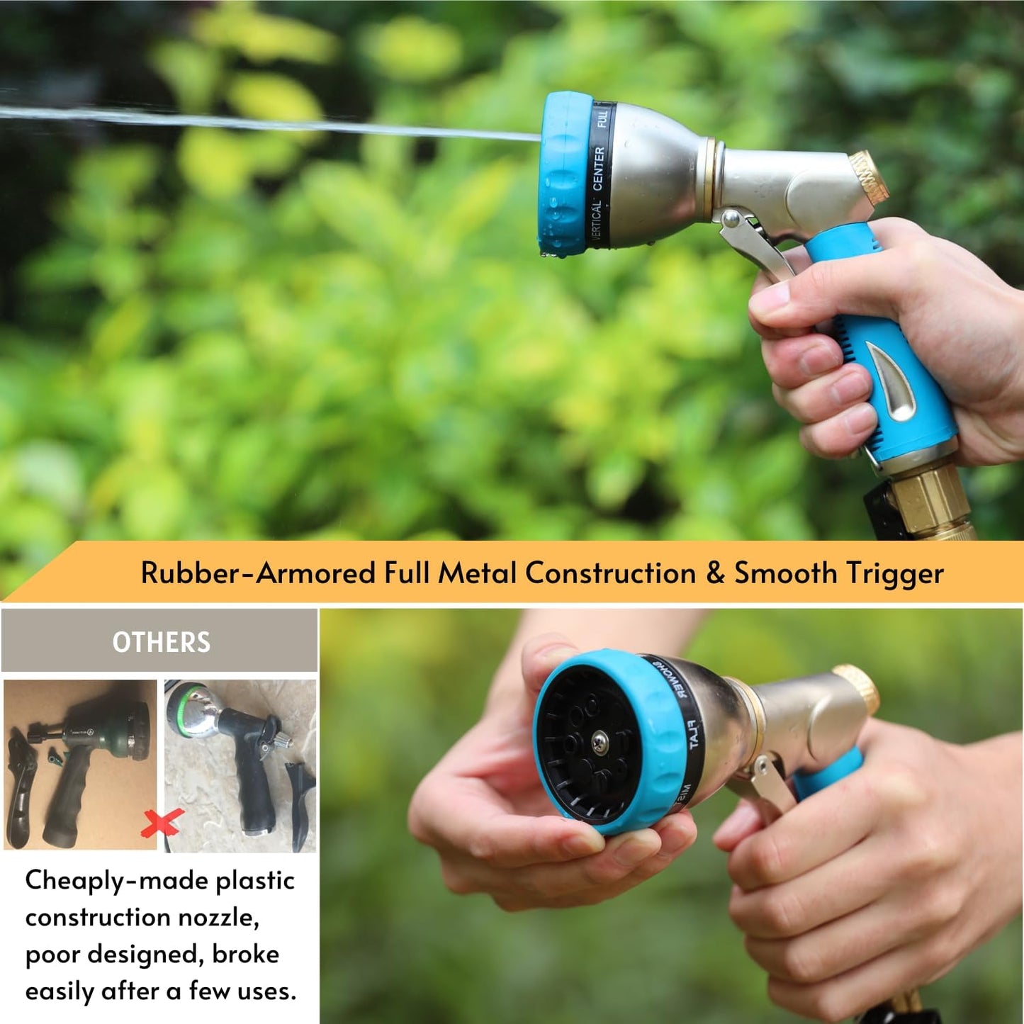 HOSUN Garden Hose Nozzle Sprayer Heavy Duty, 100% Metal Water Hose Nozzle with 8 Spray Patterns, High Pressure Hose Spray Nozzle with Non-Slip Grip for Watering Plant & Lawn, Washing Car & Pet, Blue