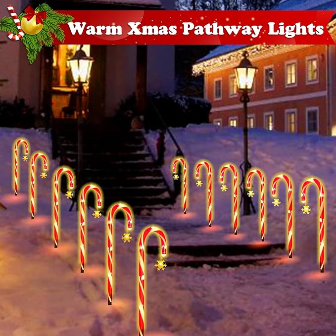 12Pack Christmas Candy Cane Lights Outdoor Decorations Solar Pathway Lights with Snowflake for Yard Waterproof Street Driveway Markers Lawn Walkway Garden Indoor Decor 2in1 Solar Powered