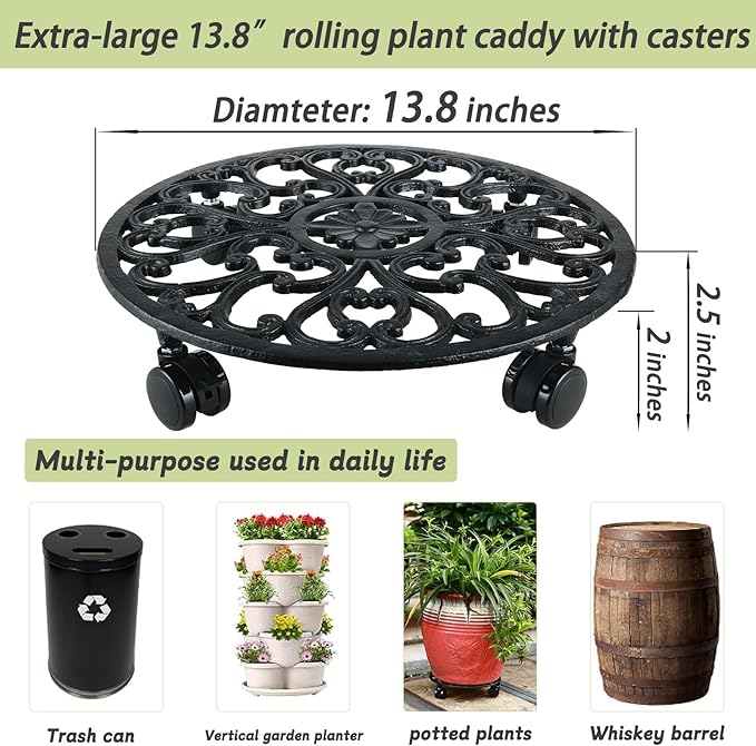 2 Packs 14 Inch Rolling Plant Stand with Wheels Metal Plant Caddy with Wheels Heavy Duty Round Plant Stand Indoor Iron Plants Rollers for Plants, Plant Dolly with Plant Saucers