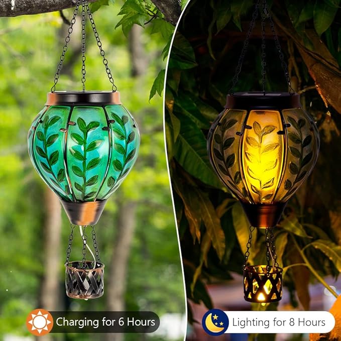 Green Leaf Hot Air Balloon Solar Lantern with Flickering Flame Light,Glass Hanging Solar Lanterns Outdoor Waterproof Hot Air Balloon Decor for Patio Party Yard Tree,Garden Gifts for Women Mom