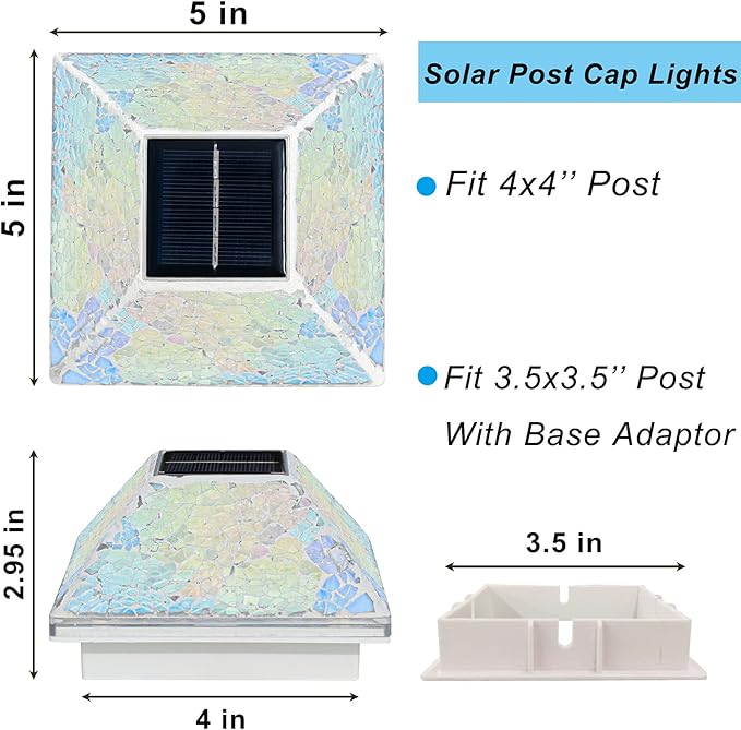 2PK Mosaic Solar Post Cap Lights Outdoor for 4x4, 3.5x3.5 Post Crackled Glass Deck Fence Lamp Weatherproof LED Light Decor in Garden, Yard, Outdoor Table, Balcony, Landscape- Iridescent