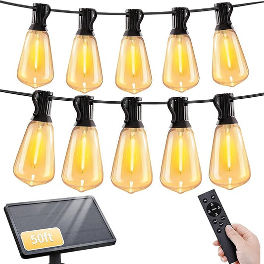 50ft Solar String Lights with Remote, 25+1 Bulbs Solar Patio Lights Outdoor Waterproof, Solar Powered Dimmable Deck Lights for Garden Porch Party