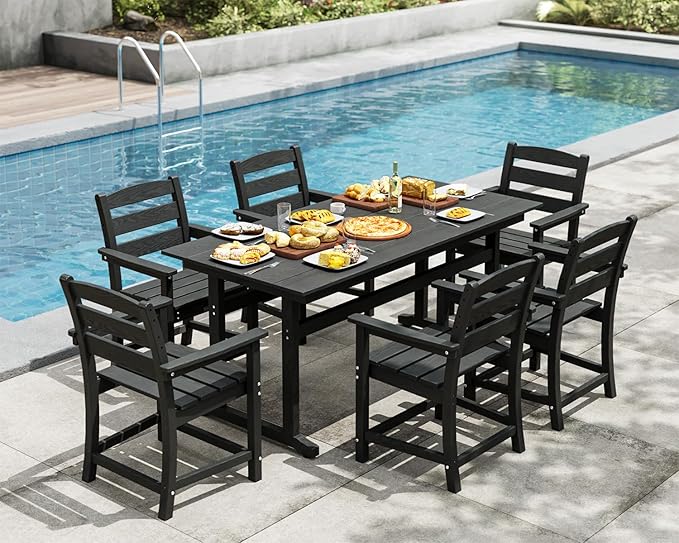 7pcs Outdoor Dining Set, HDPE Patio Dining Set for 6, All-Weather Outdoor Table and Chairs with Umbrella Hole & Adjustable Pads, Modern Patio Furniture Set for Backyard, Poolside &Lawn (Black)