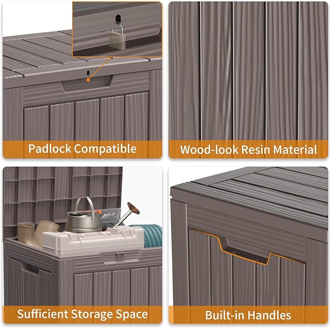 28 Gallon Resin Deck Box, Lockable Outdoor Storage Box for Patio Cushions Storage Furniture,Garden Tools, Pool Supplies, Weatherproof and UV Resistant (Grey)