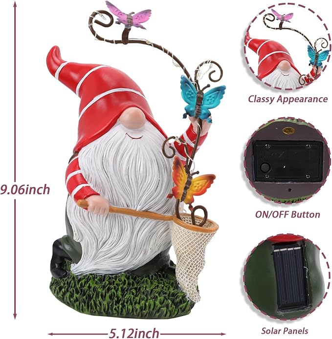 Garden Gnome Statue, Solar Funny Gnomes Figurine Catching Butterflies with LED Lights Waterproof Resin Outdoor Decor for Patio Lawn Yard Home Tabletop Decoration