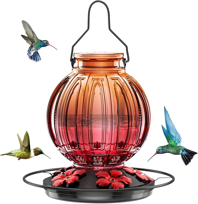 Glass Hummingbird Feeder for Outdoors Hanging, 26Oz Bird Nectar Feeder with Perch & 5 Flower Feeding Ports, Leak Proof for Outside Garden Decor Backyard, Gifts for Women Mom, Clear & Red