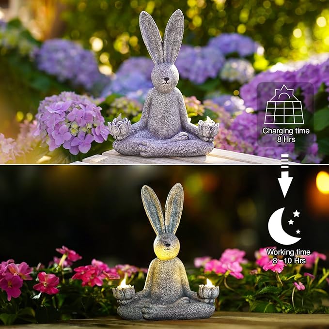 Goodeco Zen Rabbit Statue with Solar Lotus - Garden Yoga Bunny with LED Solar Lotus Lights, Sitting Meditating Buddha Rabbit Serene Resin Figurine for Patio Yard Lawn Ornaments, Home or Outside