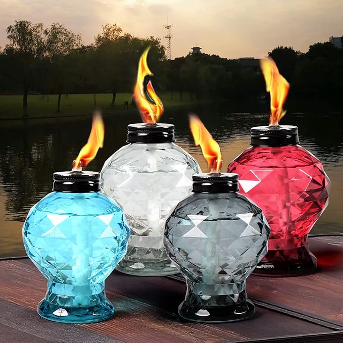 4 Pack Glass Table Torch,Citronella Glass Table top Torches with Wick and Cap for Outdoor,Refillable Torches Landscape Lanterns Torches for Yard Patio Christmas Garden,Party Decor