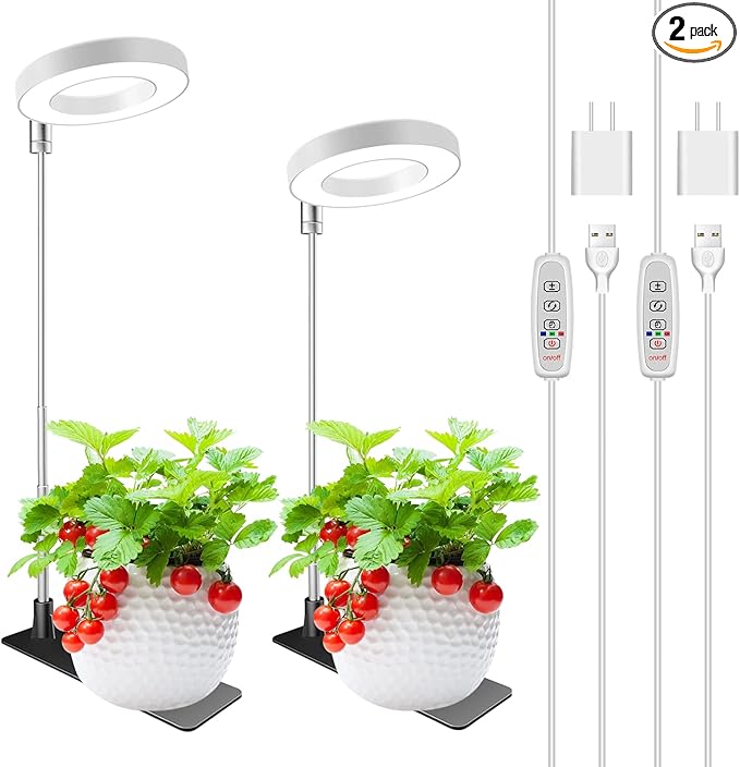 Grow Lights for Indoor Plants, Full Spectrum Halo Growing lamp with Detachable Base, Height Adjustable, 3 Colors, 10 Dimming, Automatic Timer, Plant Light for Small Plants Growing, 2 Pack