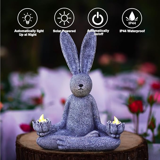 Goodeco Zen Rabbit Statue with Solar Lotus - Garden Yoga Bunny with LED Solar Lotus Lights, Sitting Meditating Buddha Rabbit Serene Resin Figurine for Patio Yard Lawn Ornaments, Home or Outside