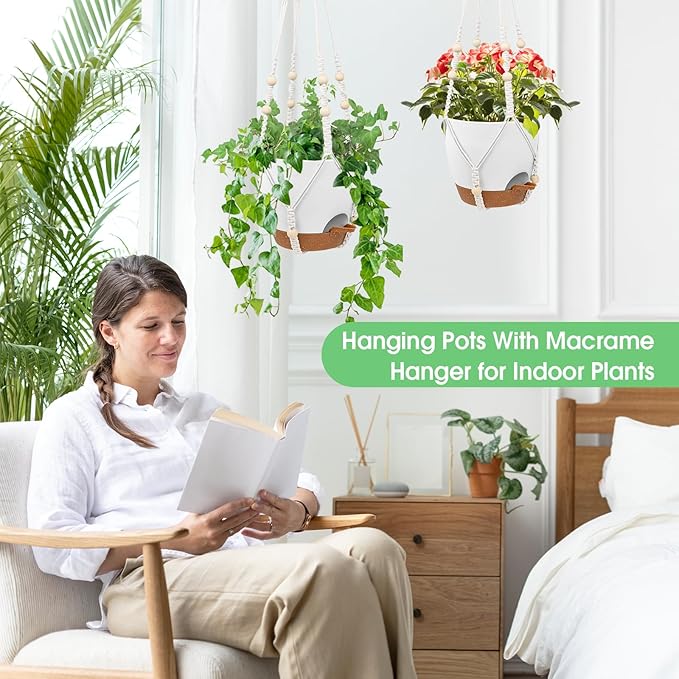 Hanging Planters for Indoor Outdoor Plants, 2 Pack Self Watering Hanging Pots, Hanging Plant Baskets with Drainage Holes & 2 Types of Plant Hangers (Green, 6'')