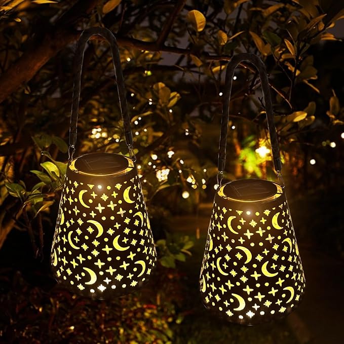 Hanging Solar Lanterns Outdoor Waterproof Star Moon Solar Lights Metal Outdoor Decor, LED Decorative Solar Garden Lights for Garden, Backyard, Tree, Porch(1 Pack)