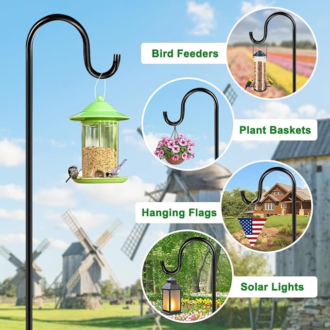 36 Inch Shepherds Hooks for Outdoor, Heavy Duty Bird Feeder Pole with 5 Prong Bases, Garden Hanging Stake for Bird Feeder, Solar Light, Plant Hanger, Wedding Decor, Metal Hanger Hooks, Black, 2 Packs