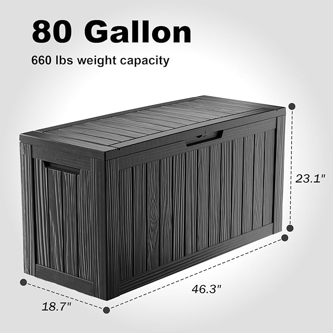 80 Gallon Waterproof Outdoor Storage Box,Resin Deck Box,Lockable Outside Storage Box Container for Patio Furniure,Garden,Tools (80 Gallon,Black)
