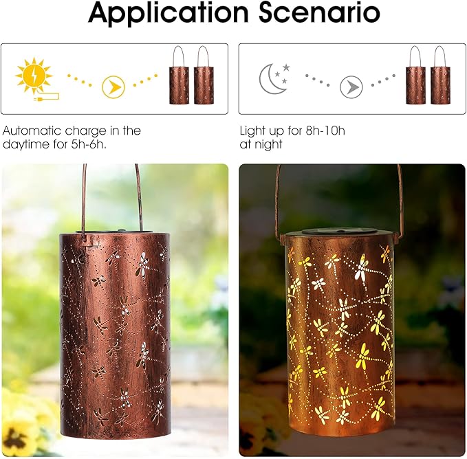 2 Pack Solar Lanterns Outdoor Hanging Lantern Lights, Dragonfly Hollowed-Out Metal Decor Lantern, Waterproof LED Decorative Garden Light - Delicate Garden Decoration for Patio, Yard