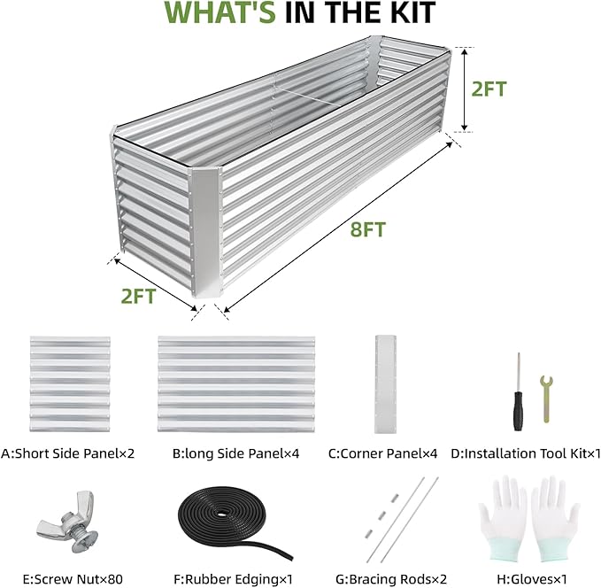 8x2x2ft Raised Garden Bed - Galvanized Deep Root Planter Boxes Outdoor with Wing Nuts and Safety Edges for Gardening Vegetables, Flowers, Herbs, Succulents - Silver