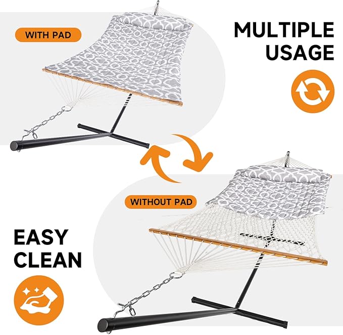 2 Person Outdoor Hammock with Stand, Cotton Rope Hammock with Polyester Pad, Adjustable Steel Frame, Portable with Carrying Bag – for Patio, Backyard, Garden, Beach, Cloud-Gray